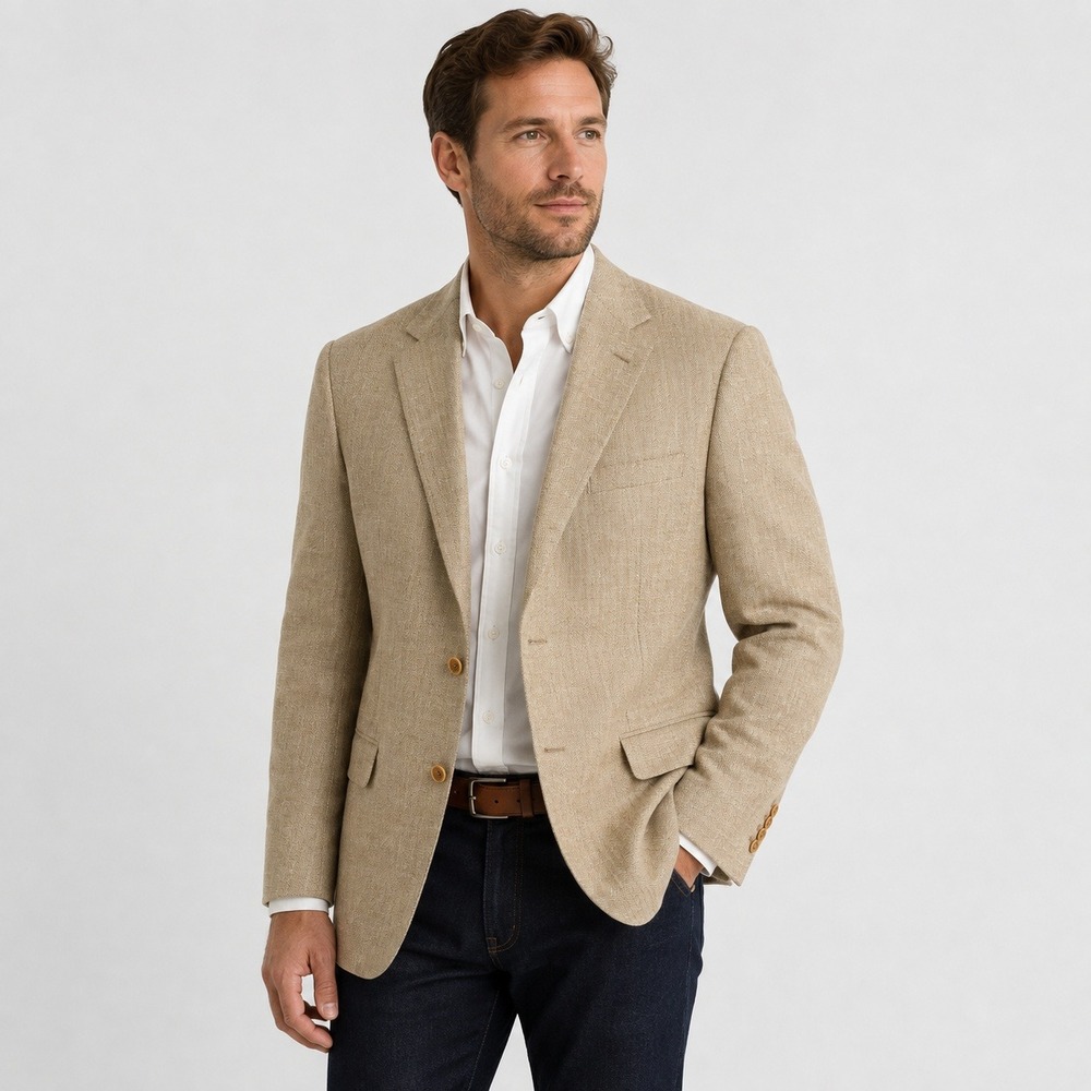 Brooks Brothers Mens 46R Silk Linen Wool Herringbone Sport Coat Blazer Tan Italy